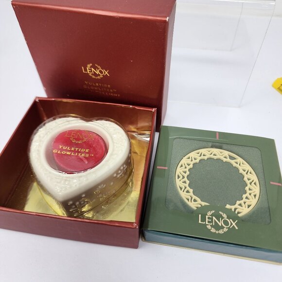 2 pc Lenox Yuletide Glowlites Heart Tea Light  and round Ornament - Picture 1 of 10